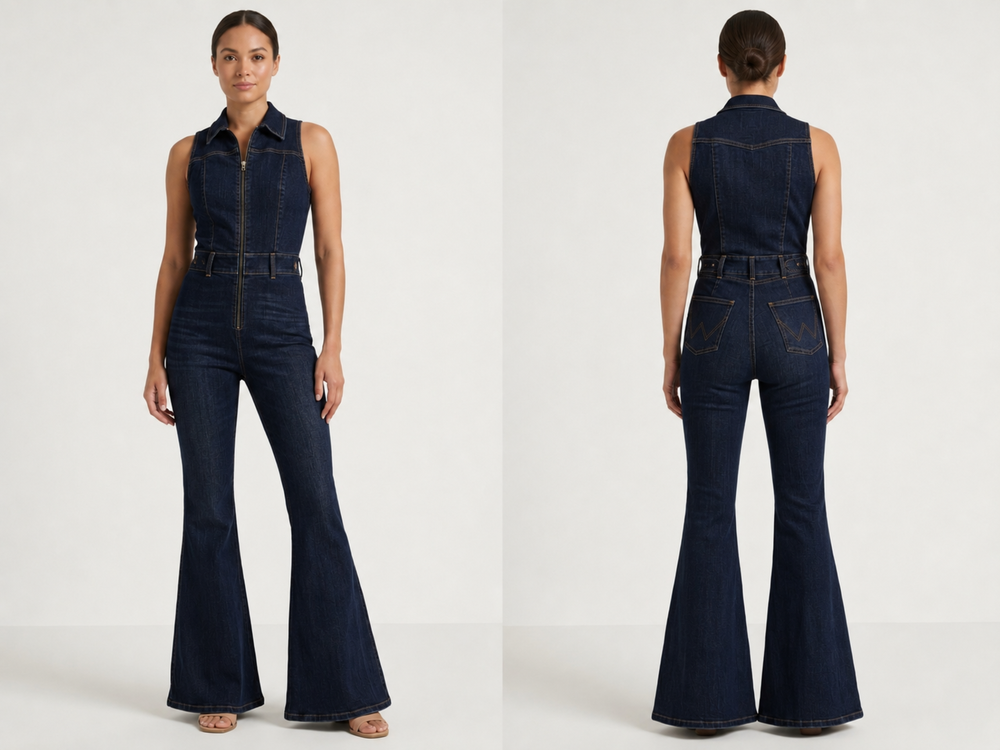Wholesale Custom Dark Navy Denim Jumpsuit Manufacturer Private Label Zip Front Flare Boilersuit front design preview