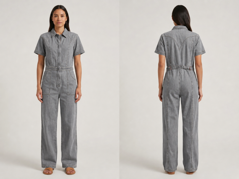 Wholesale Custom Grey Denim Jumpsuit Manufacturer Private Label Zip Front Boilersuit front design preview