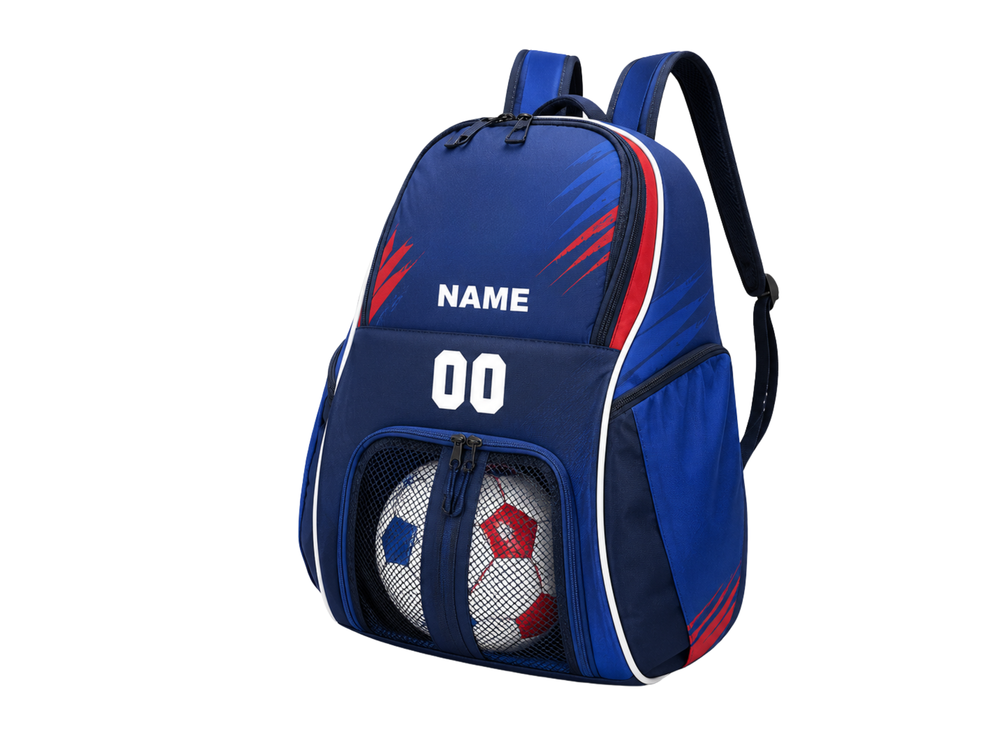 Custom Navy Blue Soccer Backpack | Wholesale Team Gear Bag for Bulk Orders front design preview
