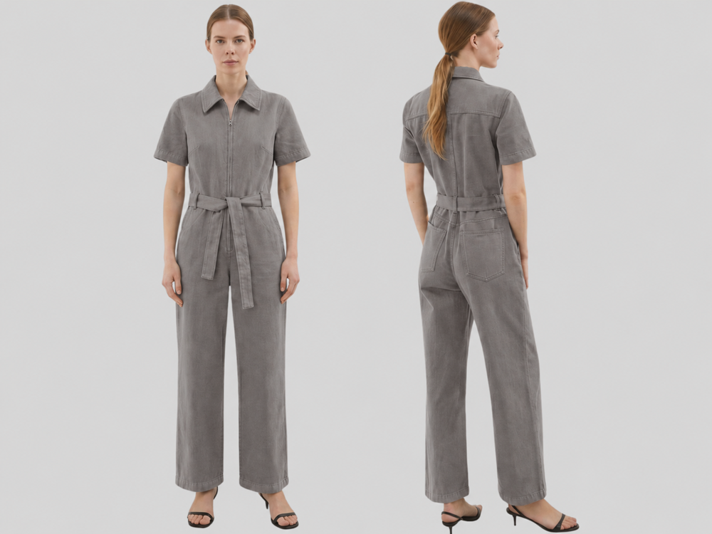 Wholesale Custom Grey Denim Jumpsuit Manufacturer Private Label Zip Front Coverall front design preview