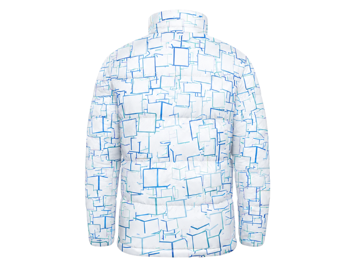 Rectangular Outline-Print Sublimated Puffer Jacket – White, Light Blue and Lavender | B2B Low MOQ