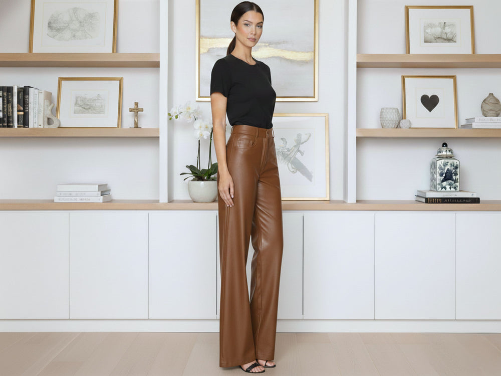 Elephant Metallic brown Faux Leather Wide Leg Jeans Wholesale | Custom Private Label Pants Manufacturer front design preview