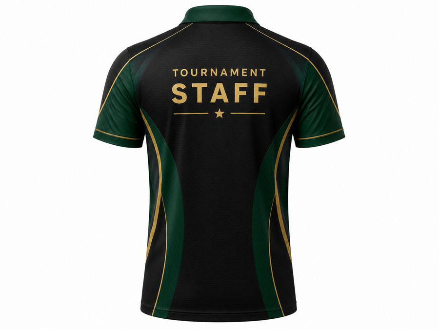 Custom Esports Tournament Staff Polo Shirt | Wholesale Gaming Event Staff Shirt | Black Green Gold | Apparels Bridge design preview