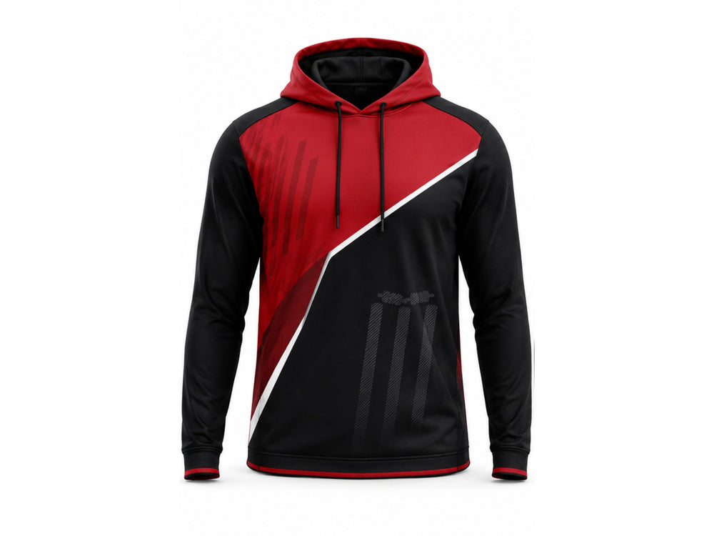 Custom Red Black Cricket Hoodie – Sublimated Team Pullover for Wholesale Buyers front design preview