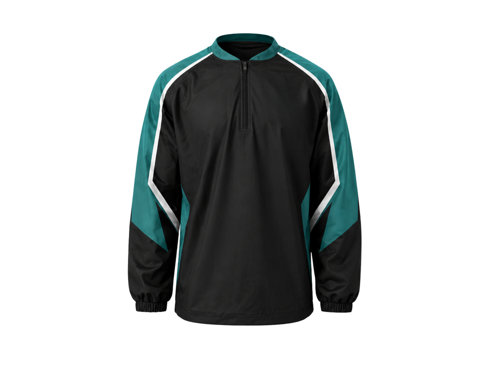Custom Black Teal Baseball Jacket | Wholesale Team Warmup Jacket for Bulk Orders front design preview