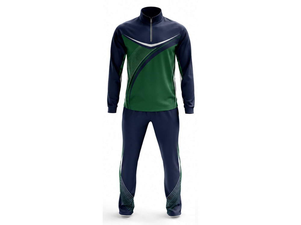 Custom Green Cricket Tracksuit – Sublimated Jacket & Pant Set for Wholesale Clubs front design preview