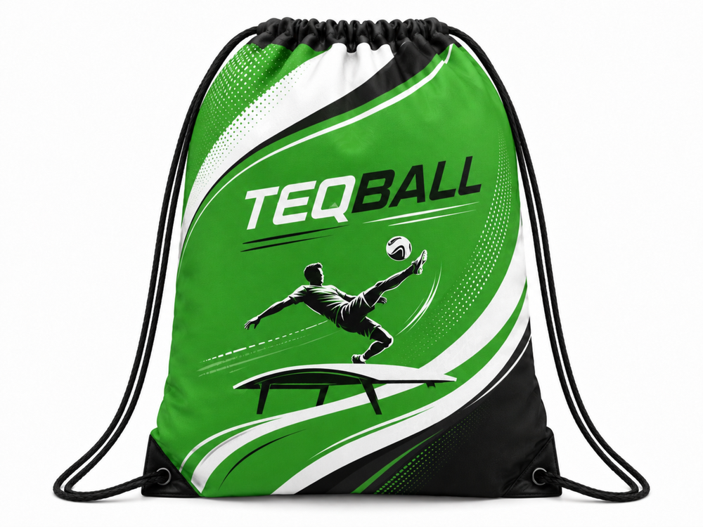 B2B Teqball Drawstring Bag Green Black Sports Backpack for Wholesale Teamwear Buyers front design preview