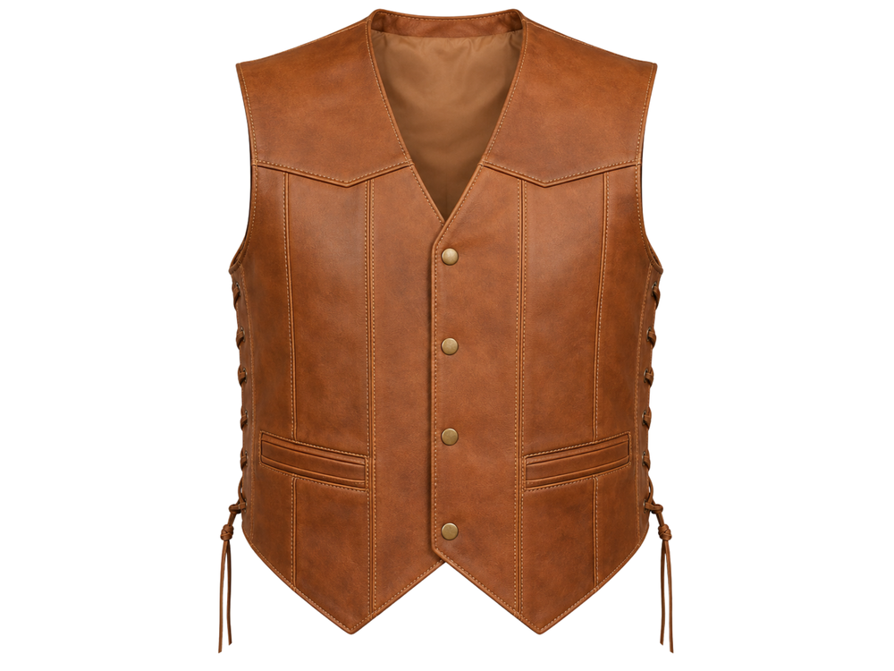 B2B Men’s Brown Side-Lace Leather Vest Low MOQ Hunting Manufacturer front design preview