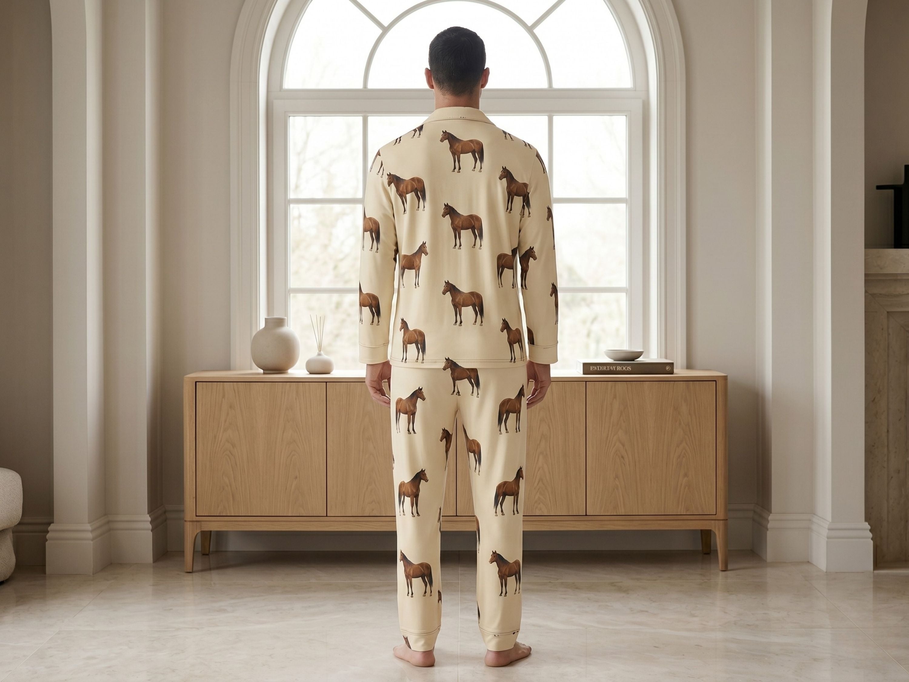 Wholesale Custom Pet Face Polyester Pajama Set, Light Beige Unisex Couples Sleepwear Manufacturer for Private Label Brands