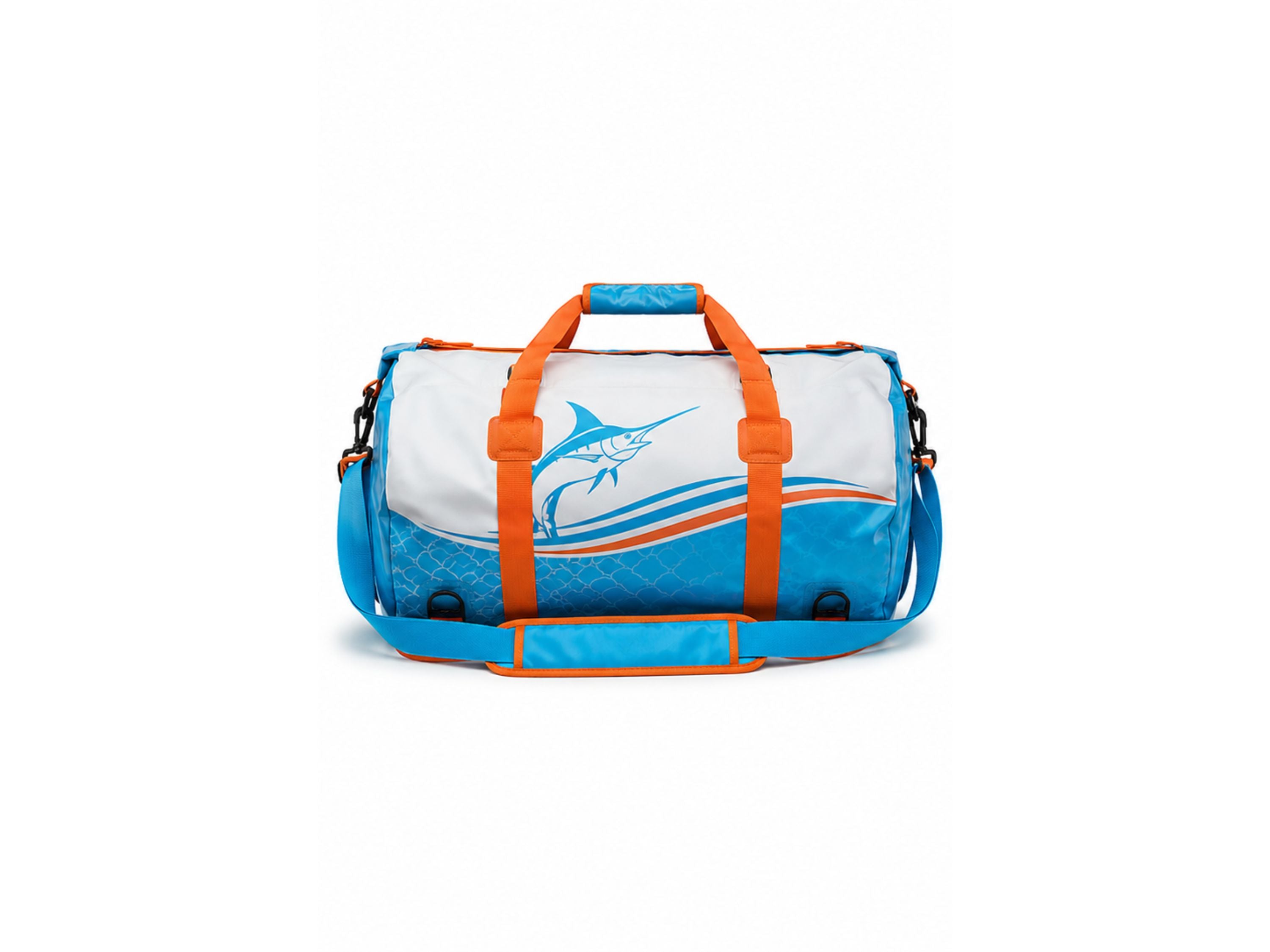 Custom Fishing Duffle Bag | Wholesale Fishing Gear Bag | White Orange Marlin | Apparels Bridge