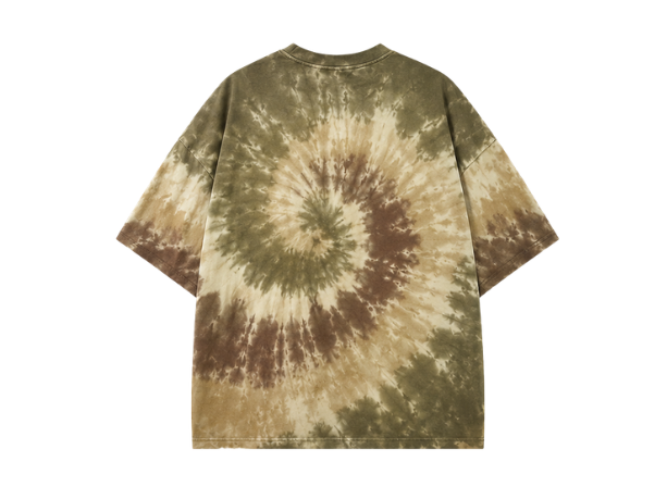 Tie Dye Drop Shoulder T Shirt Olive Brown and Beige Spiral Design | B2B Low MOQ