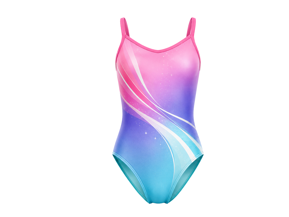 Custom Training Gymnastics Leotard | Wholesale Gym Team Leotard | Pink Blue Purple Gradient | Apparels Bridge front design preview