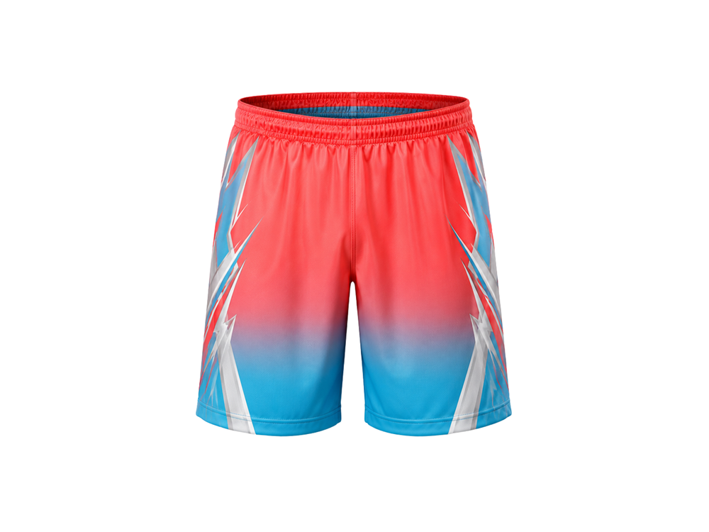 Coral Red & Sky Blue Gradient Custom Flag Football Shorts Wholesale Bulk Team Kit, Low MOQ, B2B Performance Apparel front design preview