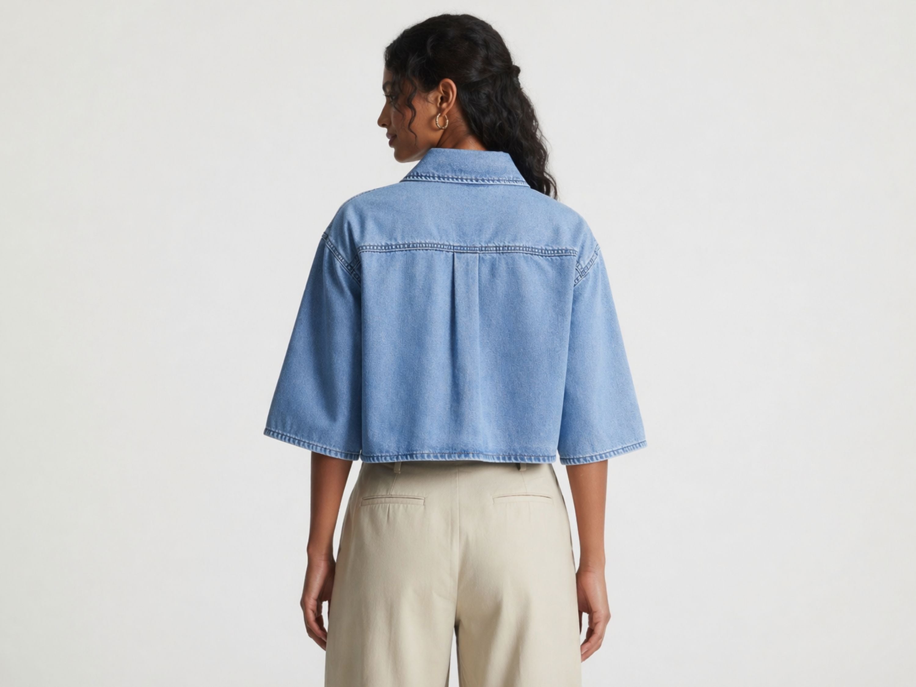 Wholesale Custom Light Blue Cropped Denim Shirt Manufacturer Private Label Half Sleeve Top