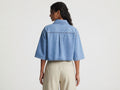 Wholesale Custom Light Blue Cropped Denim Shirt Manufacturer Private Label Half Sleeve Top