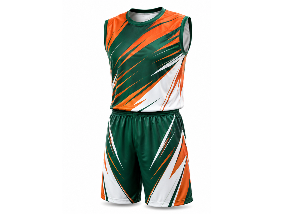 Custom green,orange and white Flag Football Uniform Wholesale Sleeveless Jersey & Shorts, Low MOQ, Bulk Team Set front design preview