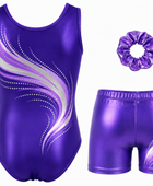 Custom Gymnastics Leotard Set | Wholesale Gym Team Set with Shorts and Scrunchie | Purple Silver White | Apparels Bridge