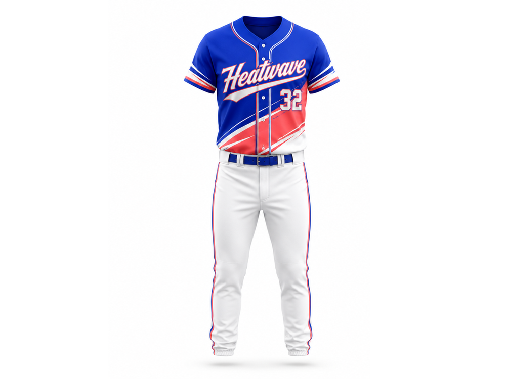 Custom Blue White Red Baseball Uniform | Wholesale Team Jersey and Pants Set for Bulk Orders front design preview