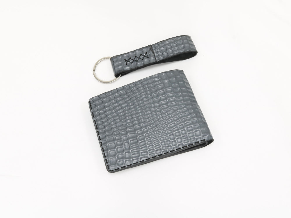 Custom Gray Crocodile Embossed Leather Bifold Wallet Set Wholesale Promotional Corporate Gift Manufacturer front design preview