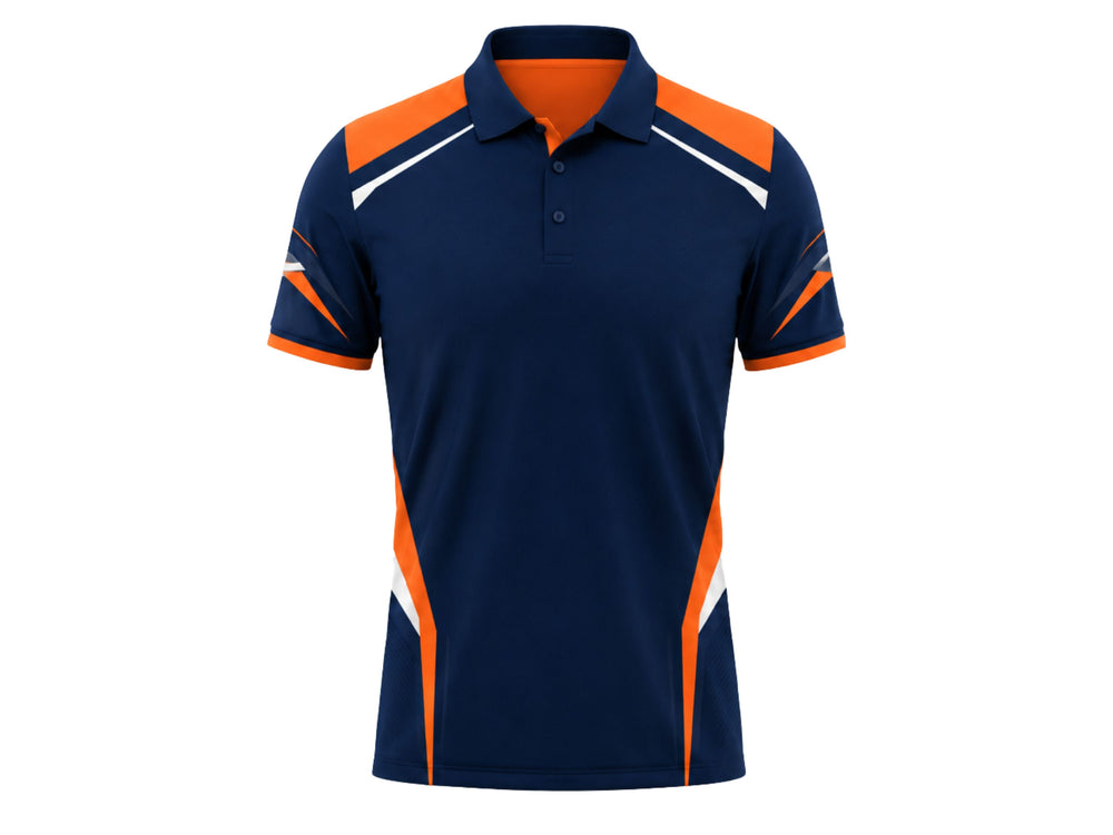 Custom Navy Orange Rugby Polo Shirt | Wholesale Team Polo for Clubs Coaches and Bulk Orders front design preview