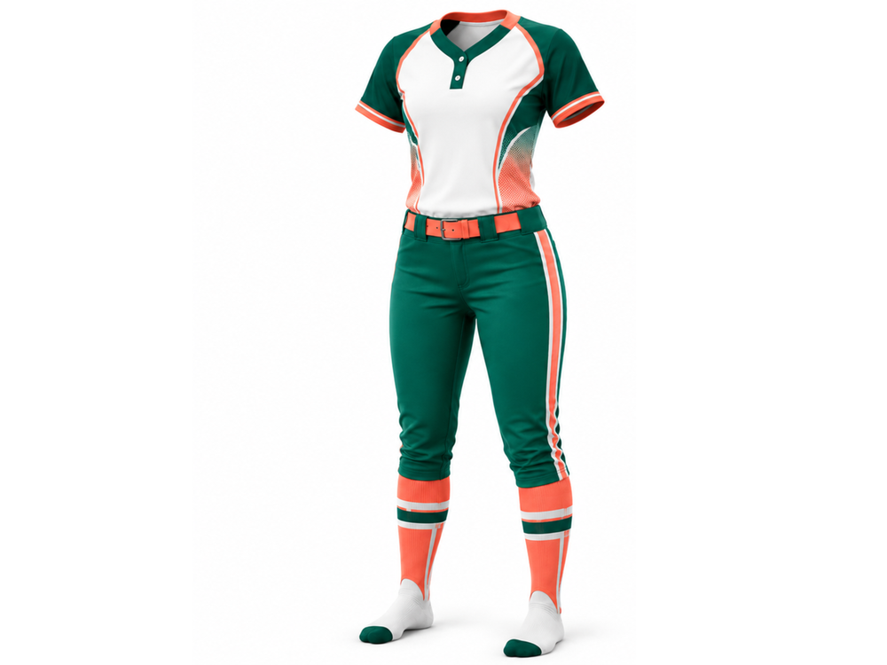Green/White/Orange Softball Uniform – Wholesale Bulk Team Kit, Low MOQ, B2B Performance Apparel front design preview