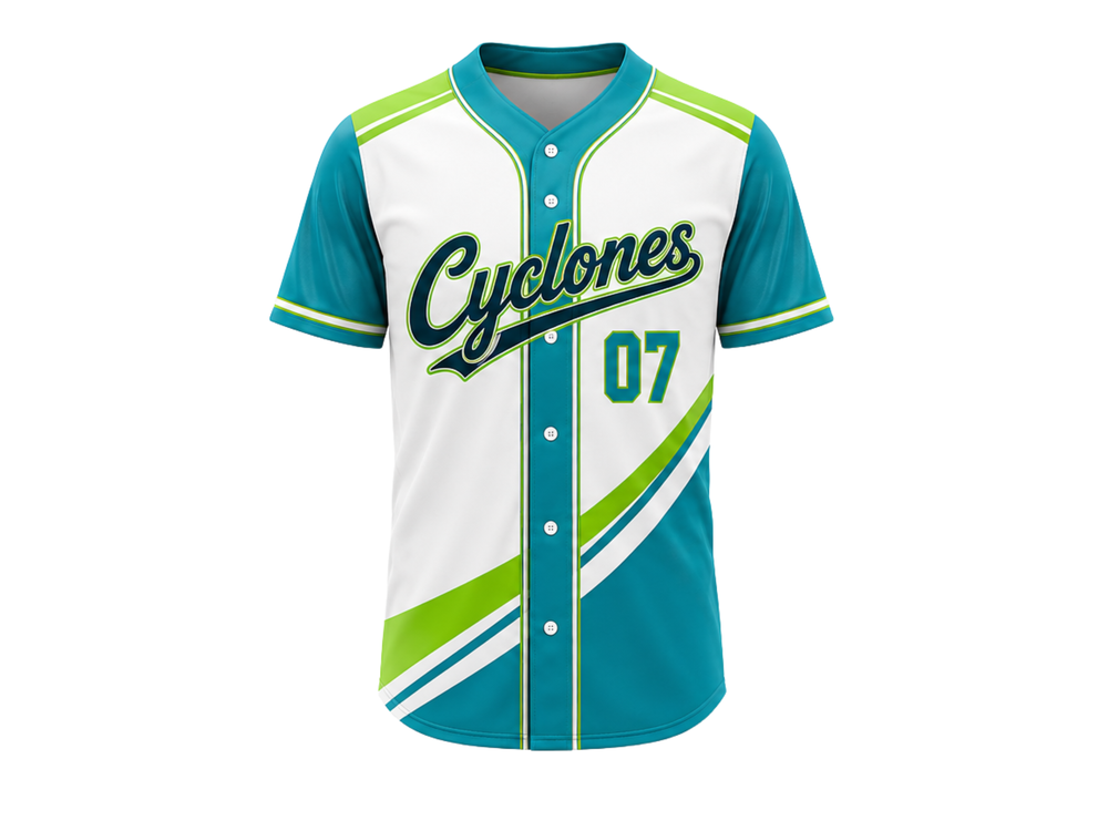 Custom White Teal Baseball Jersey | Wholesale Button Front Team Jersey for Bulk Orders front design preview