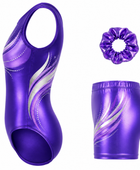 Custom Gymnastics Leotard Set | Wholesale Gym Team Set with Shorts and Scrunchie | Purple Silver White | Apparels Bridge