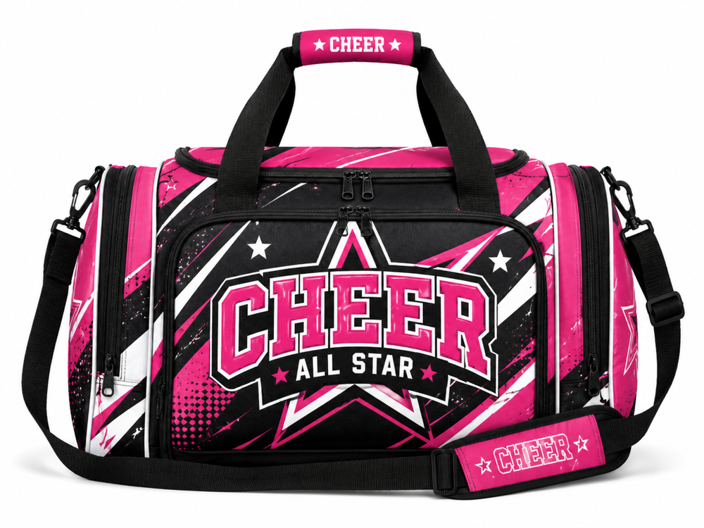 Custom Black Pink Cheer Duffle Bag – Wholesale Cheer Team Travel Bag front design preview