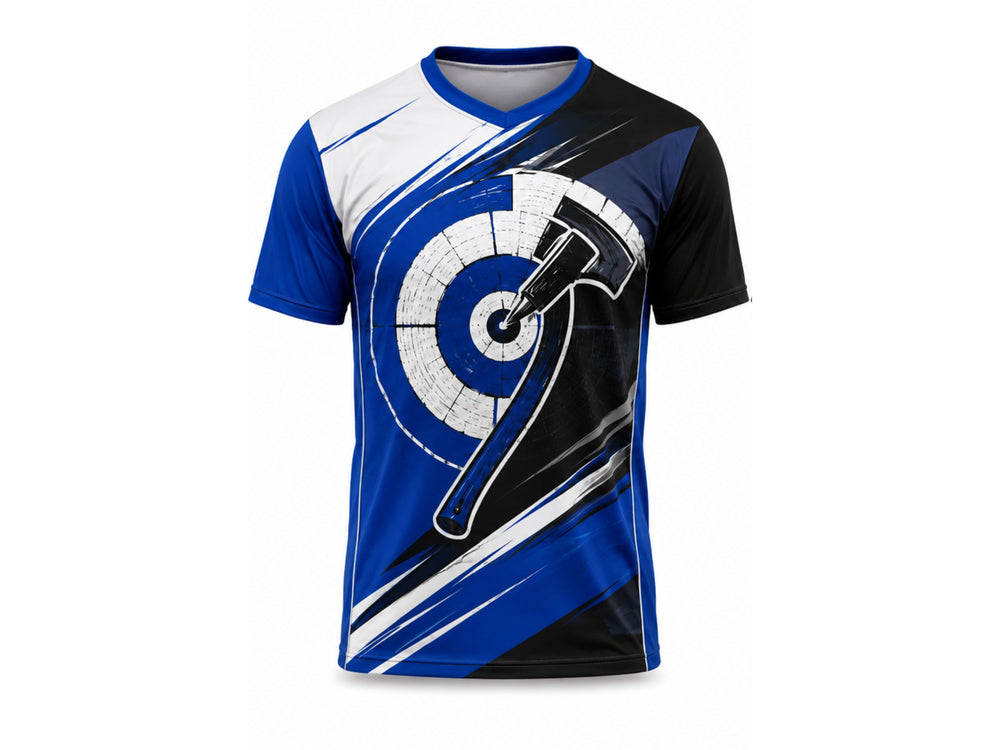 Sublimated Axe Throwing Jersey Blue Black Custom Tournament Shirt B2B Manufacturer Low MOQ front design preview