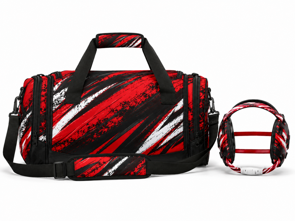 Custom Wrestling Team Bag and Headgear Bag Set | Wholesale Wrestling Gear Bundle | Red Black White | Apparels Bridge front design preview