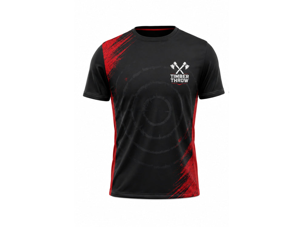 Custom Black Red Axe Throwing Venue T-Shirt | Wholesale Teamwear front design preview