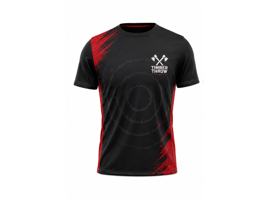 Custom Black Red Axe Throwing Venue T-Shirt | Wholesale Teamwear design preview