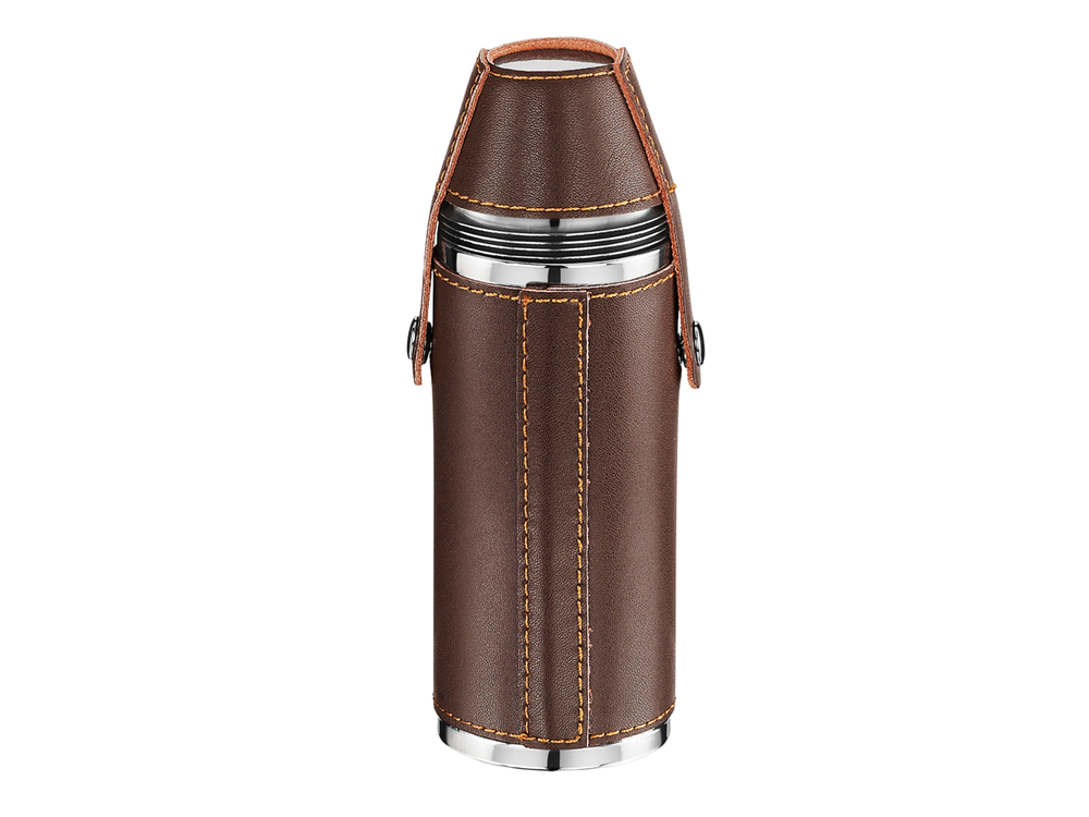 Drink Flask Leather Cover for Hunting with Strap – Brown | B2B Low MOQ front design preview