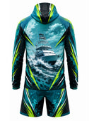Custom Fishing Uniform Set | Wholesale Fishing Team Hooded Jersey and Pants | Teal Black Yellow | Apparels Bridge