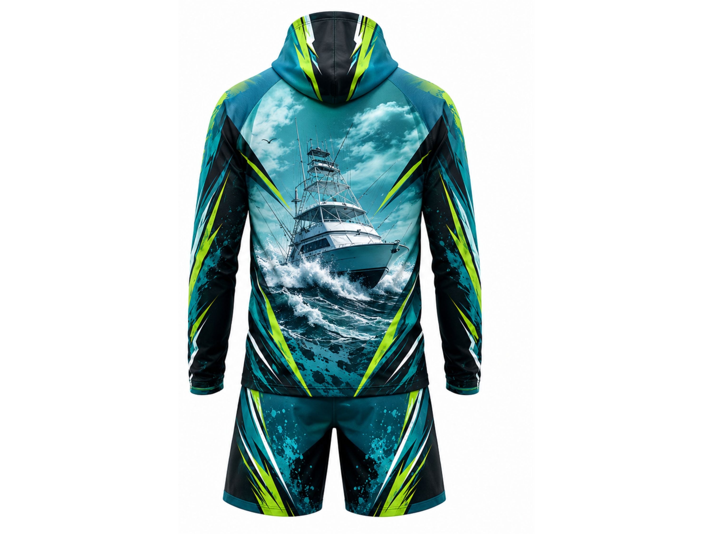 Custom Fishing Uniform Set | Wholesale Fishing Team Hooded Jersey and Pants | Teal Black Yellow | Apparels Bridge