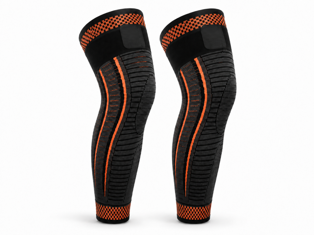 Custom Powerlifting Knee Sleeves | Wholesale Long Knee Compression Sleeves | Black Orange | Apparels Bridge front design preview