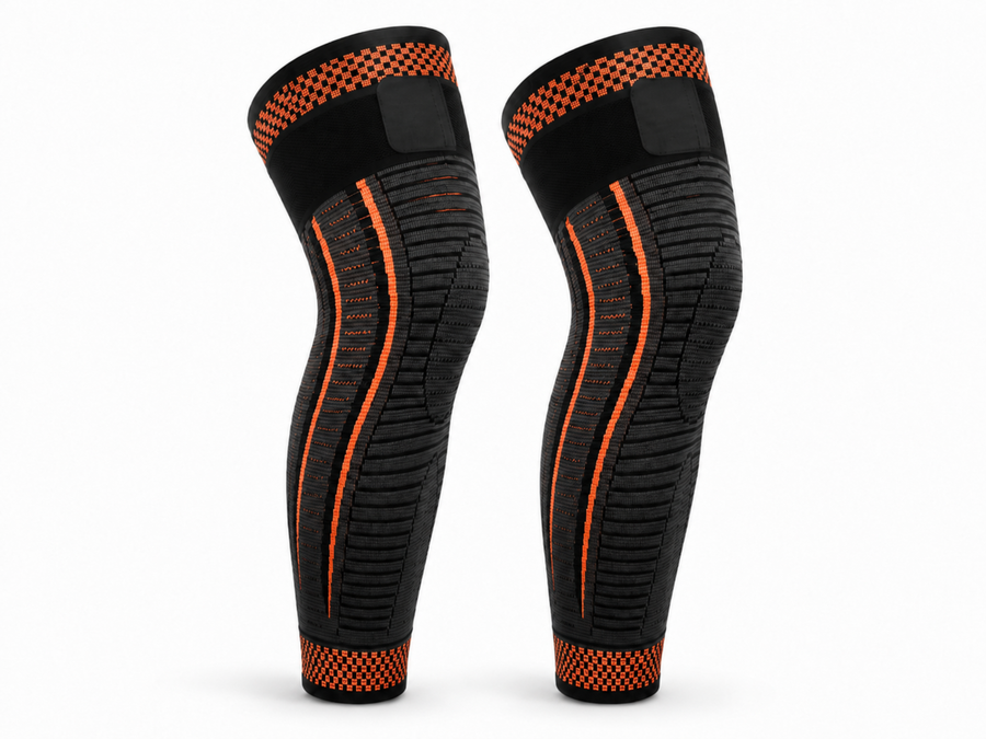Custom Powerlifting Knee Sleeves | Wholesale Long Knee Compression Sleeves | Black Orange | Apparels Bridge design preview
