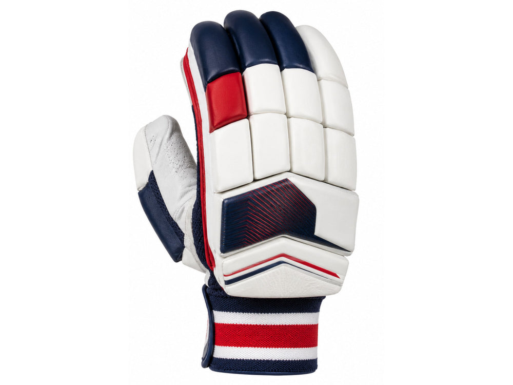Custom White Navy Red Cricket Batting Gloves – Wholesale Team Cricket Gear front design preview