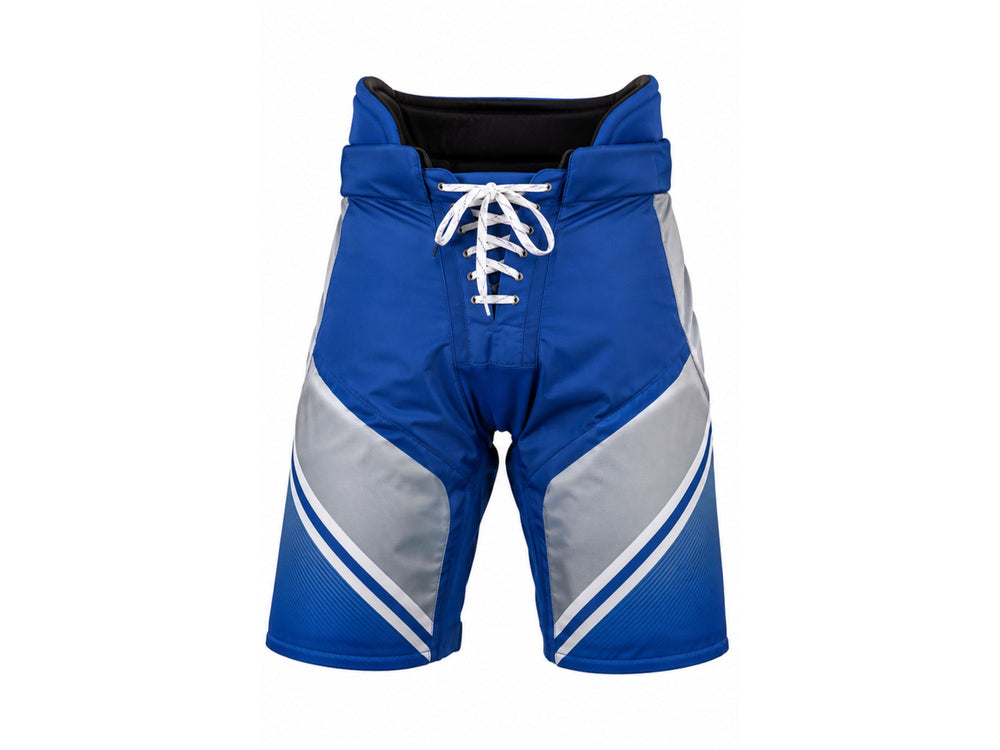 Custom Ice Hockey Pant Shell – Royal Blue Silver Sublimated Hockey Pants Shell Wholesale front design preview
