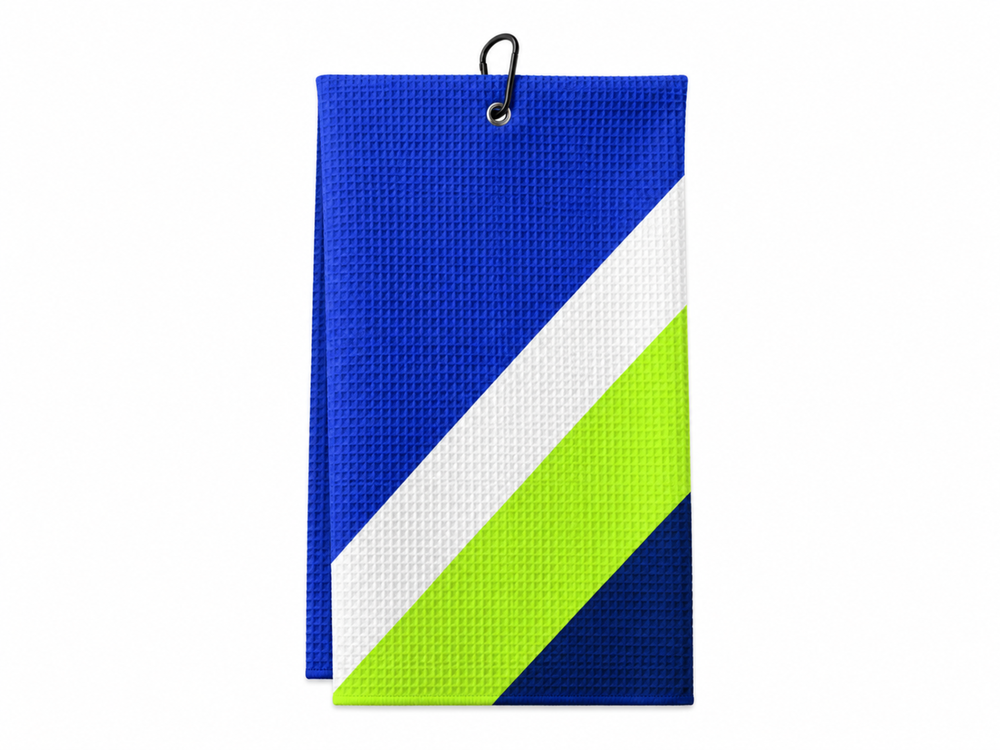 Custom B2B Blue Lime Disc Golf Towel Wholesale Clip-On Team Accessory front design preview