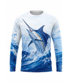 Custom Fishing UPF 50+ Long Sleeve Shirt | Wholesale Sun Protection Fishing Shirt | White Blue Marlin | Apparels Bridge