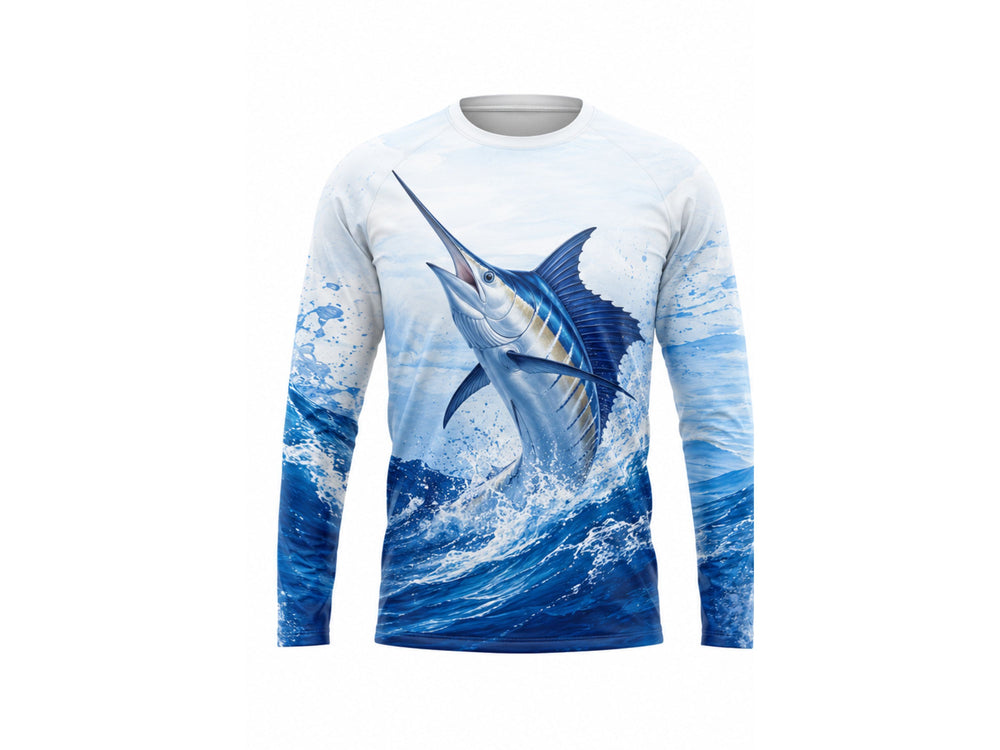 Custom Fishing Long Sleeve Shirt | Wholesale Sun Protection Fishing Shirt | White Blue Marlin | Apparels Bridge front design preview