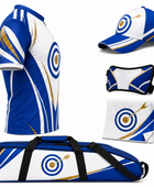 Custom Archery Team Kit – White Blue Gold Jersey, Cap, Arm Guard, Towel & Bag