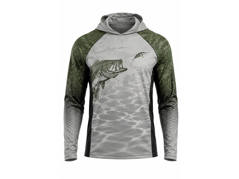 Custom Fishing Hooded Wholesale Fishing Shirt Grey Olive Green Apparels Bridge front design preview