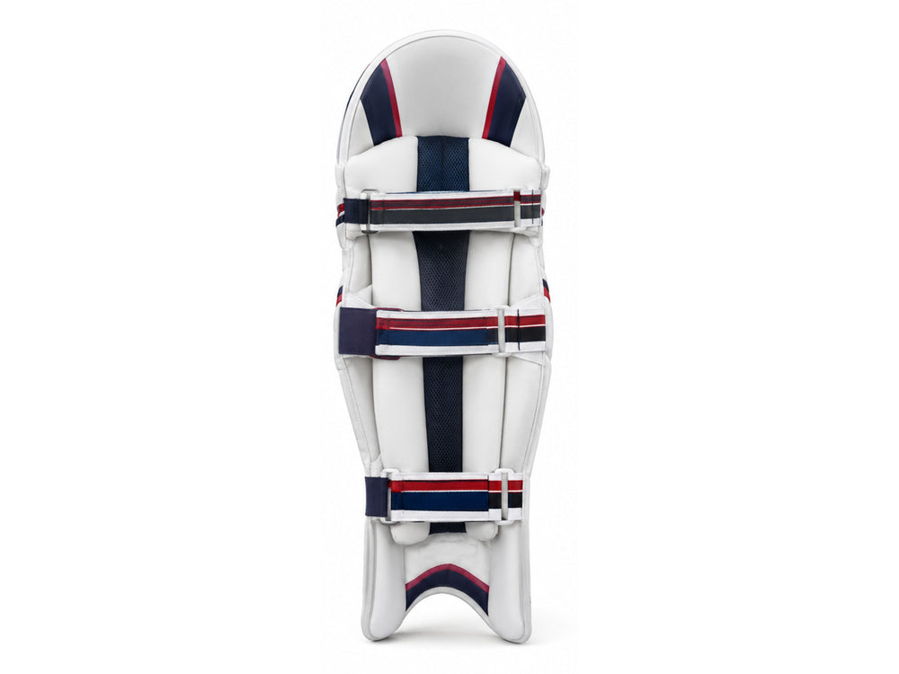 Custom White Navy Red Cricket Batting Pads – Wholesale Leg Guards front design preview
