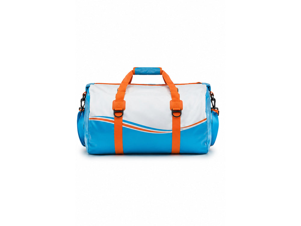 Custom Fishing Duffle Bag | Wholesale Fishing Gear Bag | White Orange Marlin | Apparels Bridge front design preview