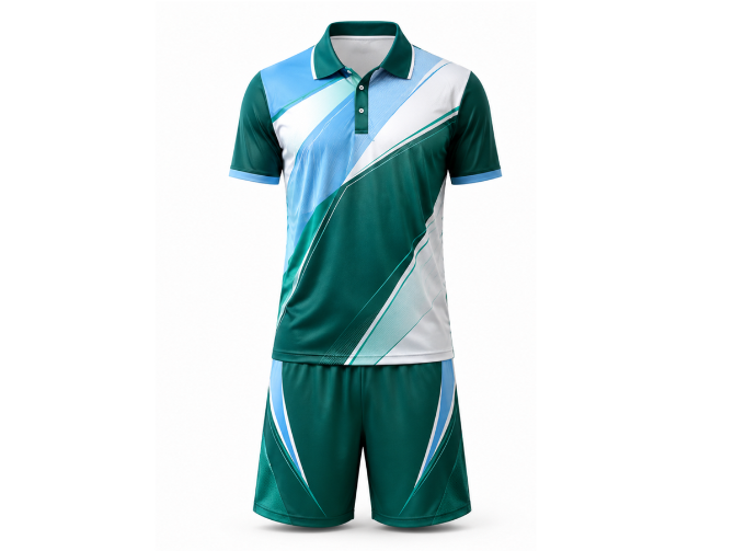 Custom Tennis Uniform – Green, Blue & White Polo & Shorts Set, Wholesale Bulk, Low MOQ, Team Uniform front design preview