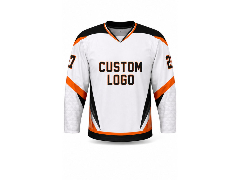 Custom Home Away Ice Hockey Jersey – White Orange Black Sublimated Hockey Team Jersey Wholesale front design preview