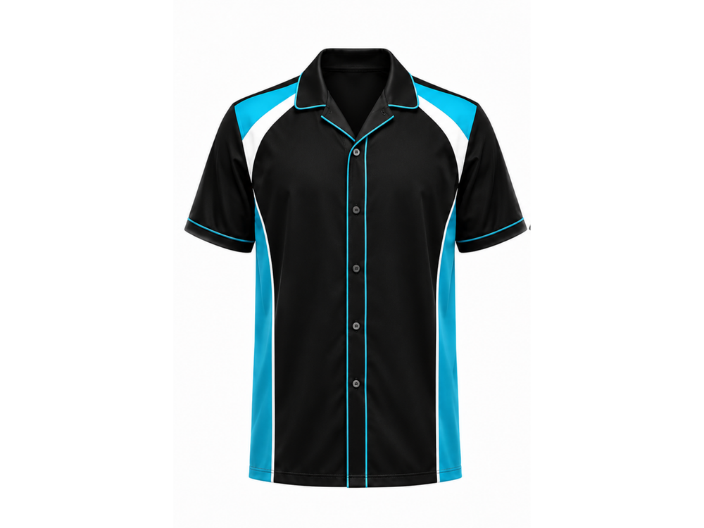Custom Bowling Shirt – Black Cyan Sublimated Retro Button-Up Teamwear front design preview