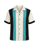Custom Retro Bowling Fan Shirt – Cream Black Teal Sublimated Button-Up Lifestyle Apparel